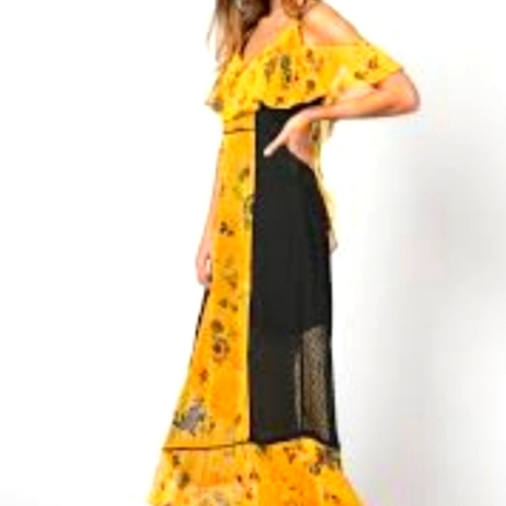 Religion Off Shoulder Yellow Floral Ruffle And Black Swiss Dot Maxi Dress - Picture 2 of 11